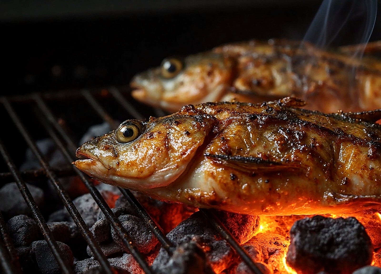 炭火にかけた焼魚、皮目が香ばしく焦げる
