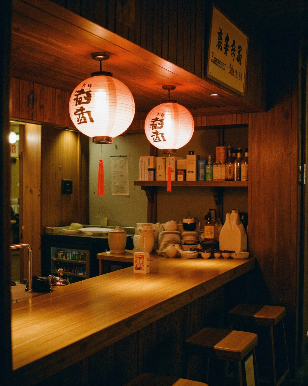 多け乃 店内 ― 提灯の灯る、木のカウンター